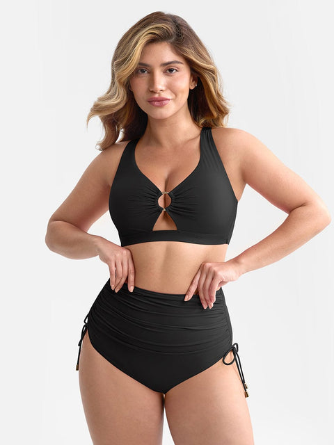 Curvypower Apparel & Accessories > Clothing > Swimwear > Swimsuits Black / S Deep V Metal Ring Drawstring Tummy Control Bikini Swimsuit with Removable Pads