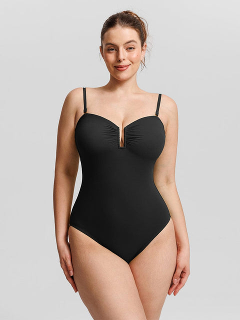 Curvypower Apparel & Accessories > Clothing > Swimwear > Swimsuits Black / XS Strapless U Wire Mesh Tummy Control One Piece Swimsuit with Removable Pads