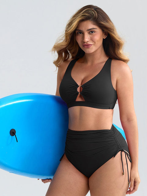 Curvypower Apparel & Accessories > Clothing > Swimwear > Swimsuits Deep V Metal Ring Drawstring Tummy Control Bikini Swimsuit with Removable Pads