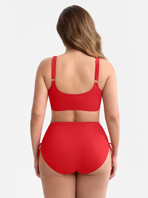 Curvypower Apparel & Accessories > Clothing > Swimwear > Swimsuits Deep V Metal Ring Drawstring Tummy Control Bikini Swimsuit with Removable Pads