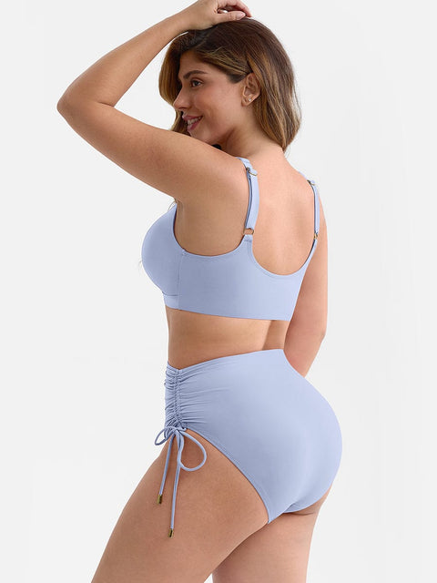 Curvypower Apparel & Accessories > Clothing > Swimwear > Swimsuits Deep V Metal Ring Drawstring Tummy Control Bikini Swimsuit with Removable Pads