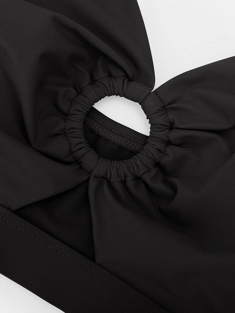 Curvypower Apparel & Accessories > Clothing > Swimwear > Swimsuits Deep V Metal Ring Drawstring Tummy Control Bikini Swimsuit with Removable Pads
