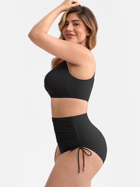 Curvypower Apparel & Accessories > Clothing > Swimwear > Swimsuits Deep V Metal Ring Drawstring Tummy Control Bikini Swimsuit with Removable Pads