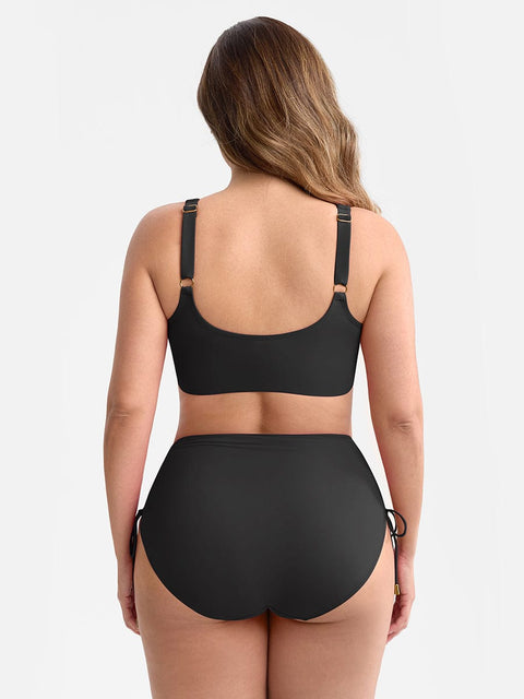 Curvypower Apparel & Accessories > Clothing > Swimwear > Swimsuits Deep V Metal Ring Drawstring Tummy Control Bikini Swimsuit with Removable Pads