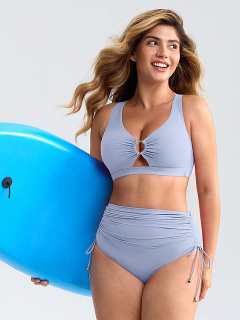 Curvypower Apparel & Accessories > Clothing > Swimwear > Swimsuits Deep V Metal Ring Drawstring Tummy Control Bikini Swimsuit with Removable Pads