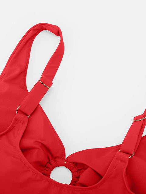 Curvypower Apparel & Accessories > Clothing > Swimwear > Swimsuits Deep V Metal Ring Drawstring Tummy Control Bikini Swimsuit with Removable Pads