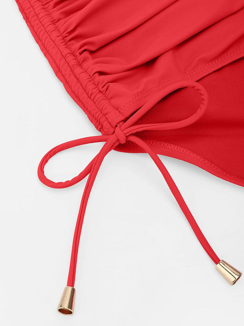 Curvypower Apparel & Accessories > Clothing > Swimwear > Swimsuits Deep V Metal Ring Drawstring Tummy Control Bikini Swimsuit with Removable Pads