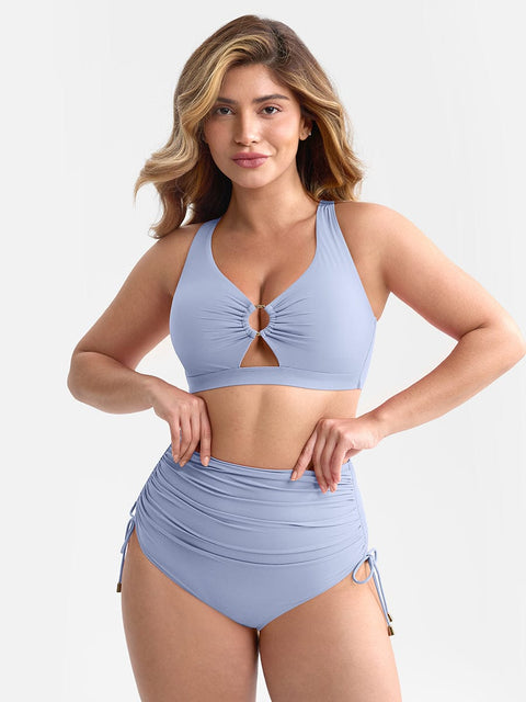 Curvypower Apparel & Accessories > Clothing > Swimwear > Swimsuits Light Blue / S Deep V Metal Ring Drawstring Tummy Control Bikini Swimsuit with Removable Pads