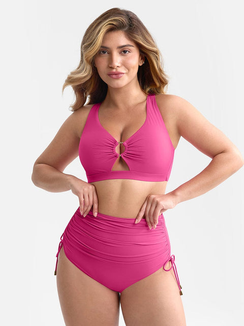 Curvypower Apparel & Accessories > Clothing > Swimwear > Swimsuits Pink / S Deep V Metal Ring Drawstring Tummy Control Bikini Swimsuit with Removable Pads