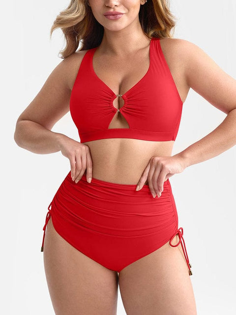 Curvypower Apparel & Accessories > Clothing > Swimwear > Swimsuits Red / S Deep V Metal Ring Drawstring Tummy Control Bikini Swimsuit with Removable Pads