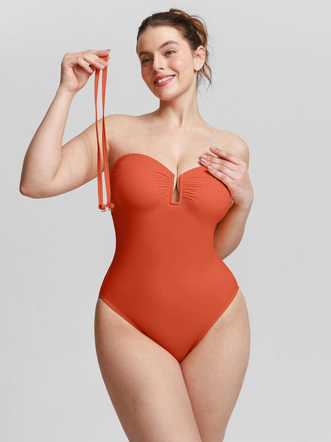 Curvypower Apparel & Accessories > Clothing > Swimwear > Swimsuits Red Soil / XS Strapless U Wire Mesh Tummy Control One Piece Swimsuit with Removable Pads