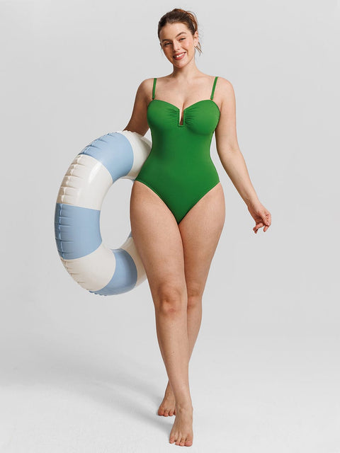 Curvypower Apparel & Accessories > Clothing > Swimwear > Swimsuits Strapless U Wire Mesh Tummy Control One Piece Swimsuit with Removable Pads