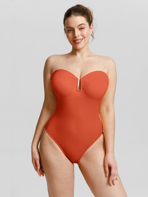 Curvypower Apparel & Accessories > Clothing > Swimwear > Swimsuits Strapless U Wire Mesh Tummy Control One Piece Swimsuit with Removable Pads