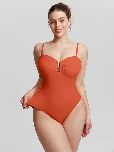 Curvypower Apparel & Accessories > Clothing > Swimwear > Swimsuits Strapless U Wire Mesh Tummy Control One Piece Swimsuit with Removable Pads