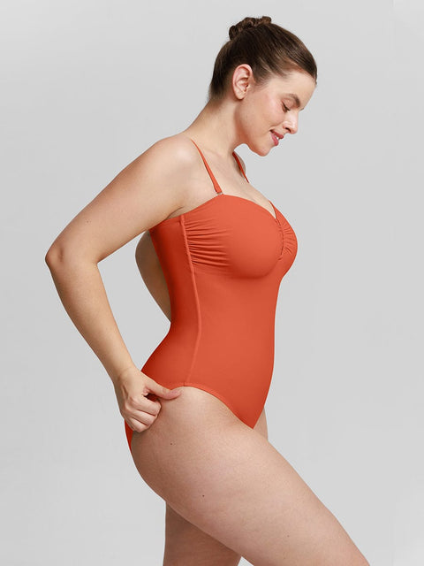 Curvypower Apparel & Accessories > Clothing > Swimwear > Swimsuits Strapless U Wire Mesh Tummy Control One Piece Swimsuit with Removable Pads