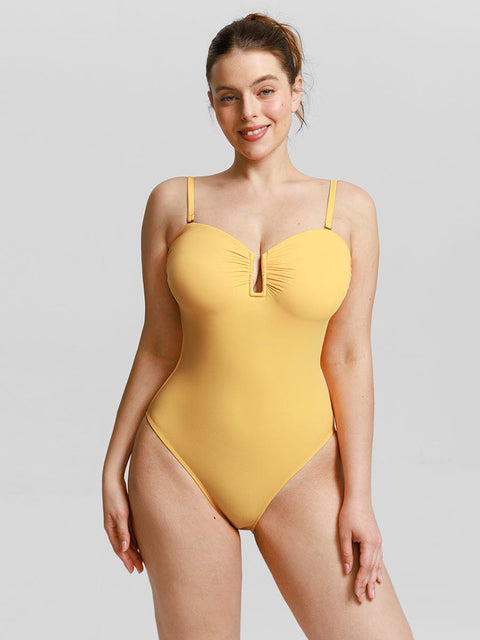 Curvypower Apparel & Accessories > Clothing > Swimwear > Swimsuits Strapless U Wire Mesh Tummy Control One Piece Swimsuit with Removable Pads