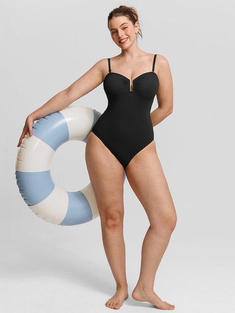 Curvypower Apparel & Accessories > Clothing > Swimwear > Swimsuits Strapless U Wire Mesh Tummy Control One Piece Swimsuit with Removable Pads
