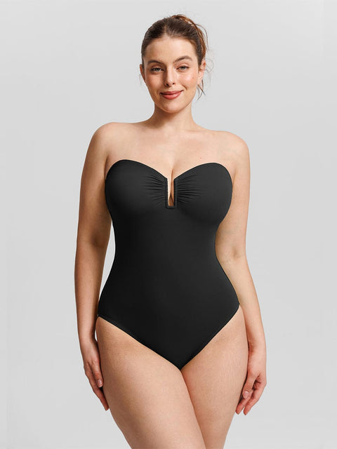 Curvypower Apparel & Accessories > Clothing > Swimwear > Swimsuits Strapless U Wire Mesh Tummy Control One Piece Swimsuit with Removable Pads