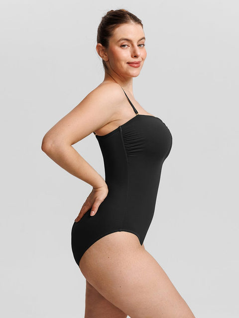 Curvypower Apparel & Accessories > Clothing > Swimwear > Swimsuits Strapless U Wire Mesh Tummy Control One Piece Swimsuit with Removable Pads