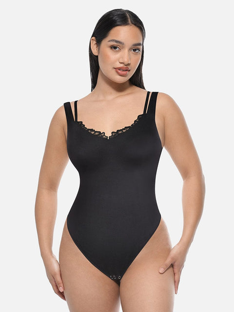 Curvypower Apparel & Accessories > Clothing > Underwear & Socks > Bodysuits Black / S Lace V-Neck T-Back Waist and Abdomen Shaping Thong Bodysuit