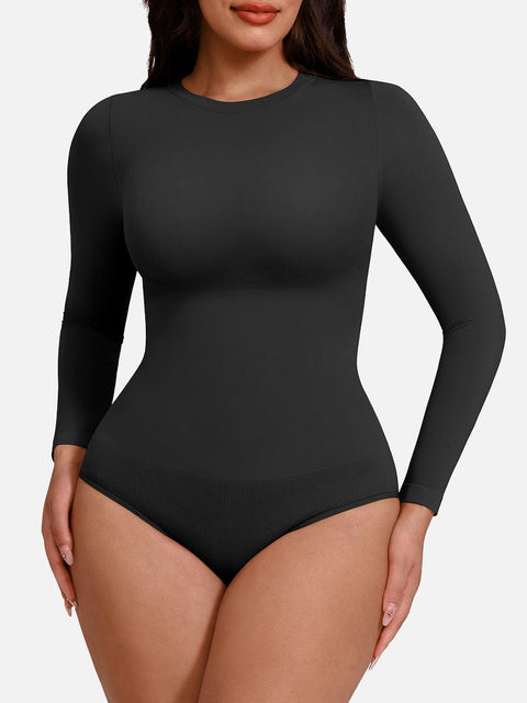 Curvypower Apparel & Accessories > Clothing > Underwear & Socks > Bodysuits Black / XS/S Seamless Crew Neck Long Sleeve Tummy Control Snap Crotch Briefs Bodysuit