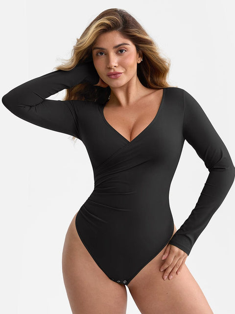 Curvypower Apparel & Accessories > Clothing > Underwear & Socks > Bodysuits Black / XS V-neck Overlapping Pleated Shapewear Bodysuit with Tummy Control