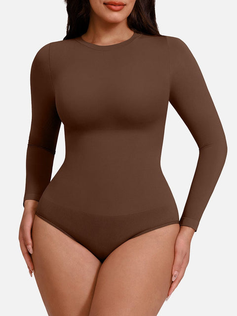 Curvypower Apparel & Accessories > Clothing > Underwear & Socks > Bodysuits Dark Brown / XS/S Seamless Crew Neck Long Sleeve Tummy Control Snap Crotch Briefs Bodysuit