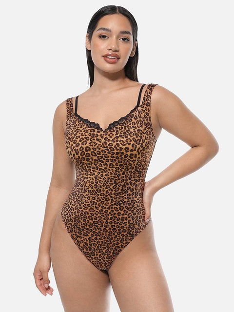 Curvypower Apparel & Accessories > Clothing > Underwear & Socks > Bodysuits Leopard Print / S Lace V-Neck T-Back Waist and Abdomen Shaping Thong Bodysuit