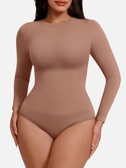 Curvypower Apparel & Accessories > Clothing > Underwear & Socks > Bodysuits Light Brown / XS/S Seamless Crew Neck Long Sleeve Tummy Control Snap Crotch Briefs Bodysuit