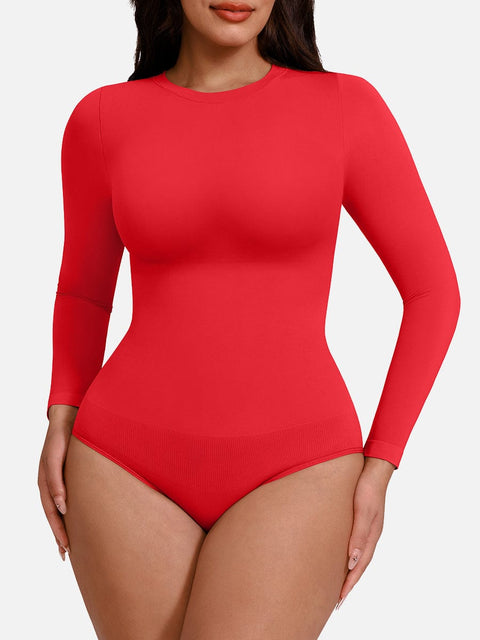 Curvypower Apparel & Accessories > Clothing > Underwear & Socks > Bodysuits Red / XS/S Seamless Crew Neck Long Sleeve Tummy Control Snap Crotch Briefs Bodysuit