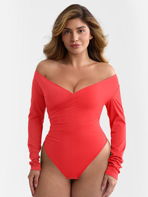 Curvypower Apparel & Accessories > Clothing > Underwear & Socks > Bodysuits Red / XS V-neck Overlapping Pleated Shapewear Bodysuit with Tummy Control