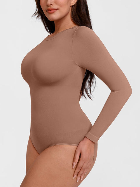 Curvypower Apparel & Accessories > Clothing > Underwear & Socks > Bodysuits Seamless Crew Neck Long Sleeve Tummy Control Snap Crotch Briefs Bodysuit