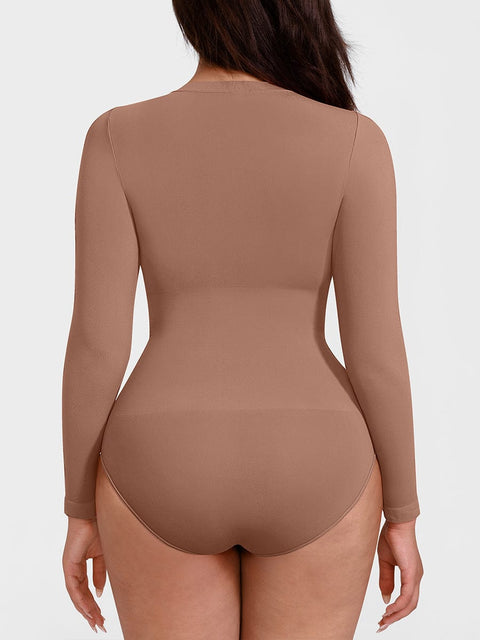 Curvypower Apparel & Accessories > Clothing > Underwear & Socks > Bodysuits Seamless Crew Neck Long Sleeve Tummy Control Snap Crotch Briefs Bodysuit