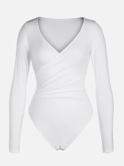 Curvypower Apparel & Accessories > Clothing > Underwear & Socks > Bodysuits V-neck Overlapping Pleated Bodysuit with Tummy Control
