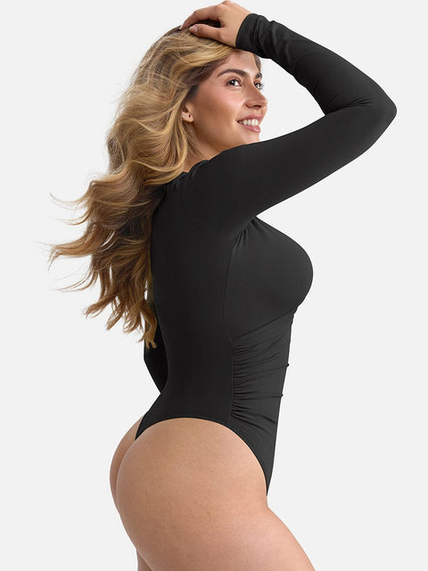 Curvypower Apparel & Accessories > Clothing > Underwear & Socks > Bodysuits V-neck Overlapping Pleated Shapewear Bodysuit with Tummy Control