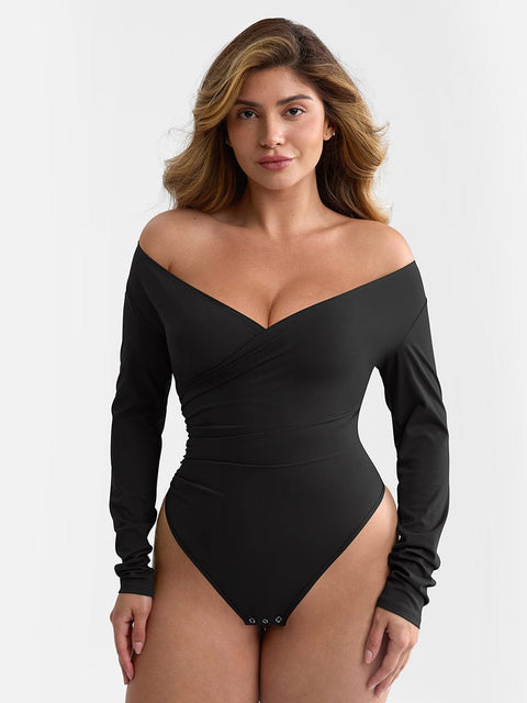 Curvypower Apparel & Accessories > Clothing > Underwear & Socks > Bodysuits V-neck Overlapping Pleated Shapewear Bodysuit with Tummy Control