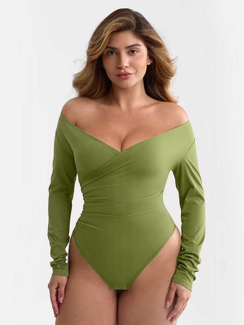 Curvypower Apparel & Accessories > Clothing > Underwear & Socks > Bodysuits V-neck Overlapping Pleated Shapewear Bodysuit with Tummy Control