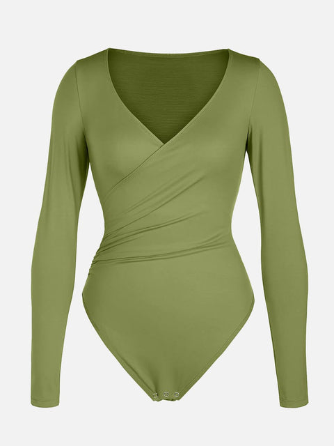 Curvypower Apparel & Accessories > Clothing > Underwear & Socks > Bodysuits V-neck Overlapping Pleated Shapewear Bodysuit with Tummy Control