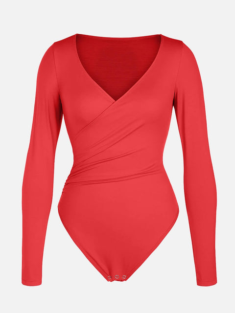 Curvypower Apparel & Accessories > Clothing > Underwear & Socks > Bodysuits V-neck Overlapping Pleated Shapewear Bodysuit with Tummy Control