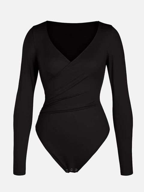 Curvypower Apparel & Accessories > Clothing > Underwear & Socks > Bodysuits V-neck Overlapping Pleated Shapewear Bodysuit with Tummy Control