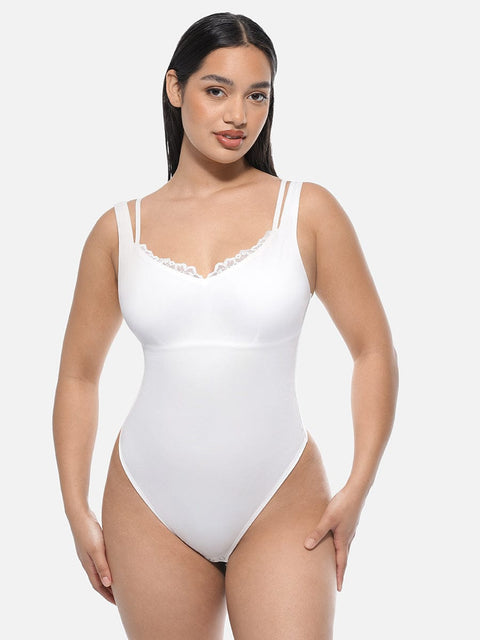 Curvypower Apparel & Accessories > Clothing > Underwear & Socks > Bodysuits White / S Lace V-Neck T-Back Waist and Abdomen Shaping Thong Bodysuit