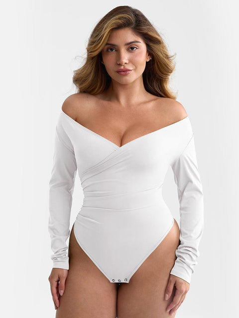 Curvypower Apparel & Accessories > Clothing > Underwear & Socks > Bodysuits White / XS V-neck Overlapping Pleated Bodysuit with Tummy Control