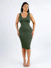 CurvyPower | UK Bodycon Dark Green / XS/S Deep V Neck Bodycon Shaping Midi Dress with Removable Pads