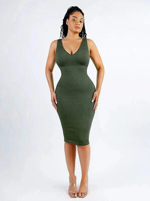CurvyPower | UK Bodycon Dark Green / XS/S Deep V Neck Bodycon Shaping Midi Dress with Removable Pads
