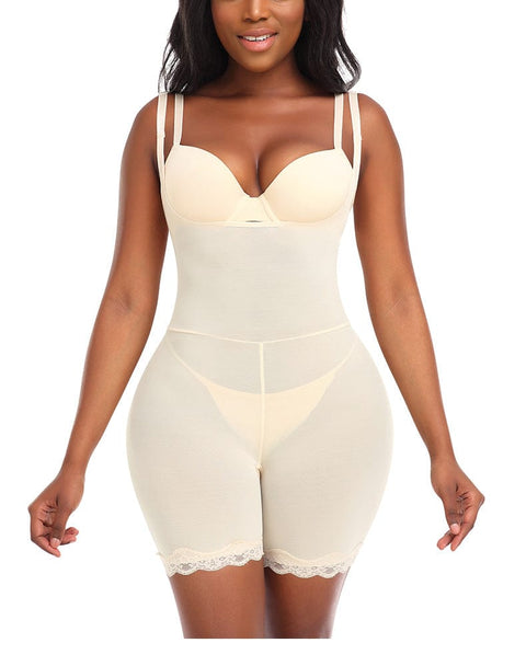 CurvyPower | UK bodysuit Beige / S Breathable Lace Stitching Shaper Bodysuit with Removable Hip Pads and Adjustable Straps