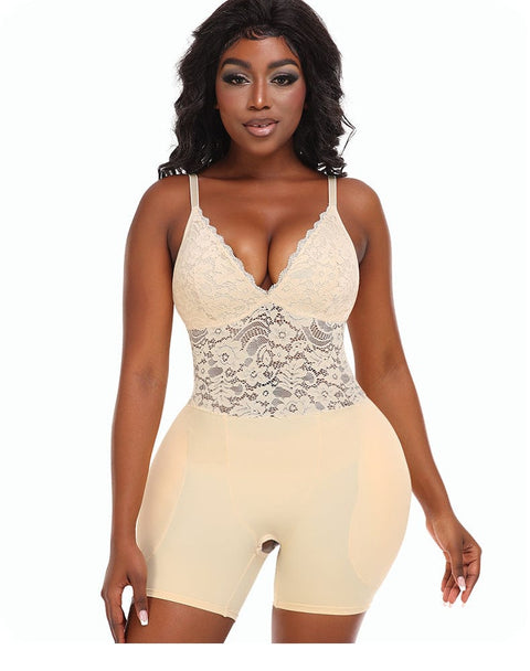CurvyPower | UK bodysuit Beige / S Lace Bum Lifting Shaping Bodysuit with Built-In Bra and Hip Pads