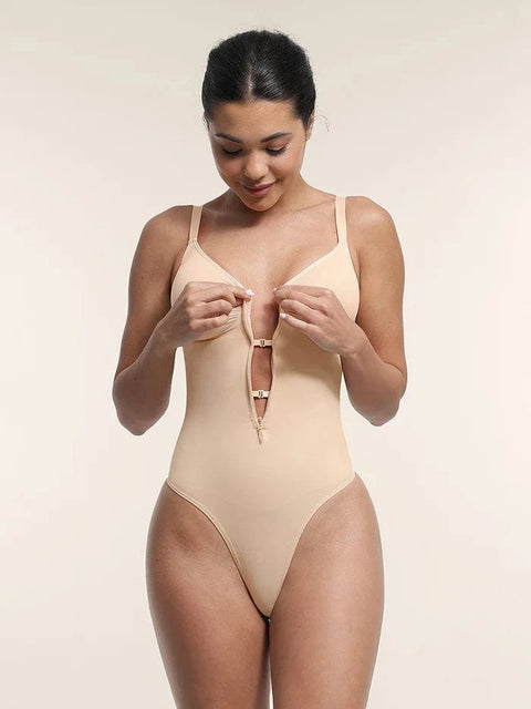 CurvyPower | UK bodysuit Beige / S Plunge Front Zip Tummy Control Shape Wear Bodysuit