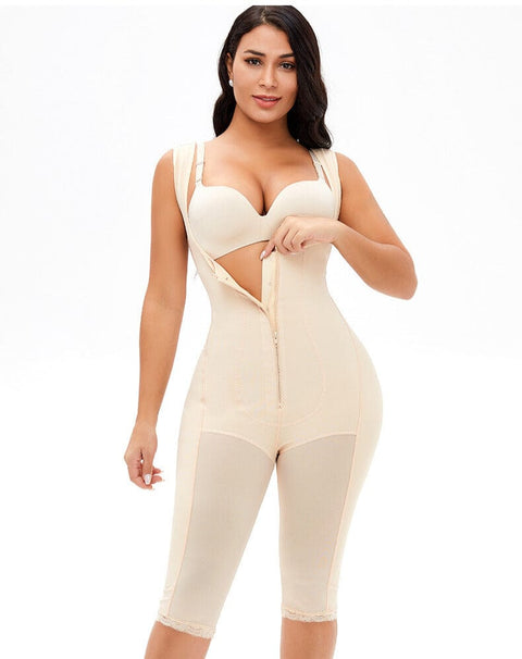 CurvyPower | UK bodysuit Beige / S Tummy Control Mid Trouser Open Bust Shapewear Bodysuit with Front Zipper