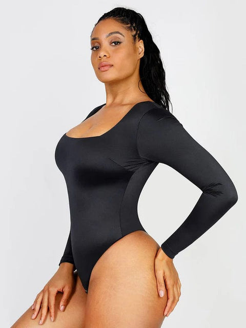 CurvyPower | UK bodysuit Black / S Sleek Shaping Bodysuit with Square Neck and Long Sleeves