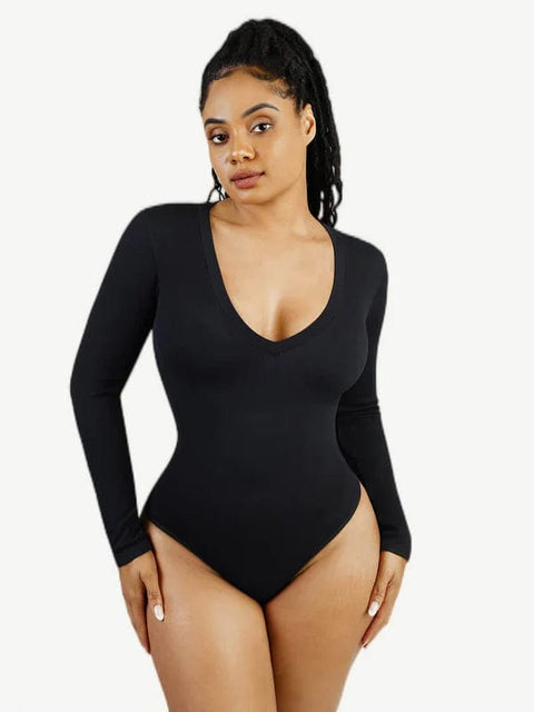 CurvyPower | UK bodysuit Black / XS/S Deep V Neck Waist Control Shapewear Thong Bodysuit